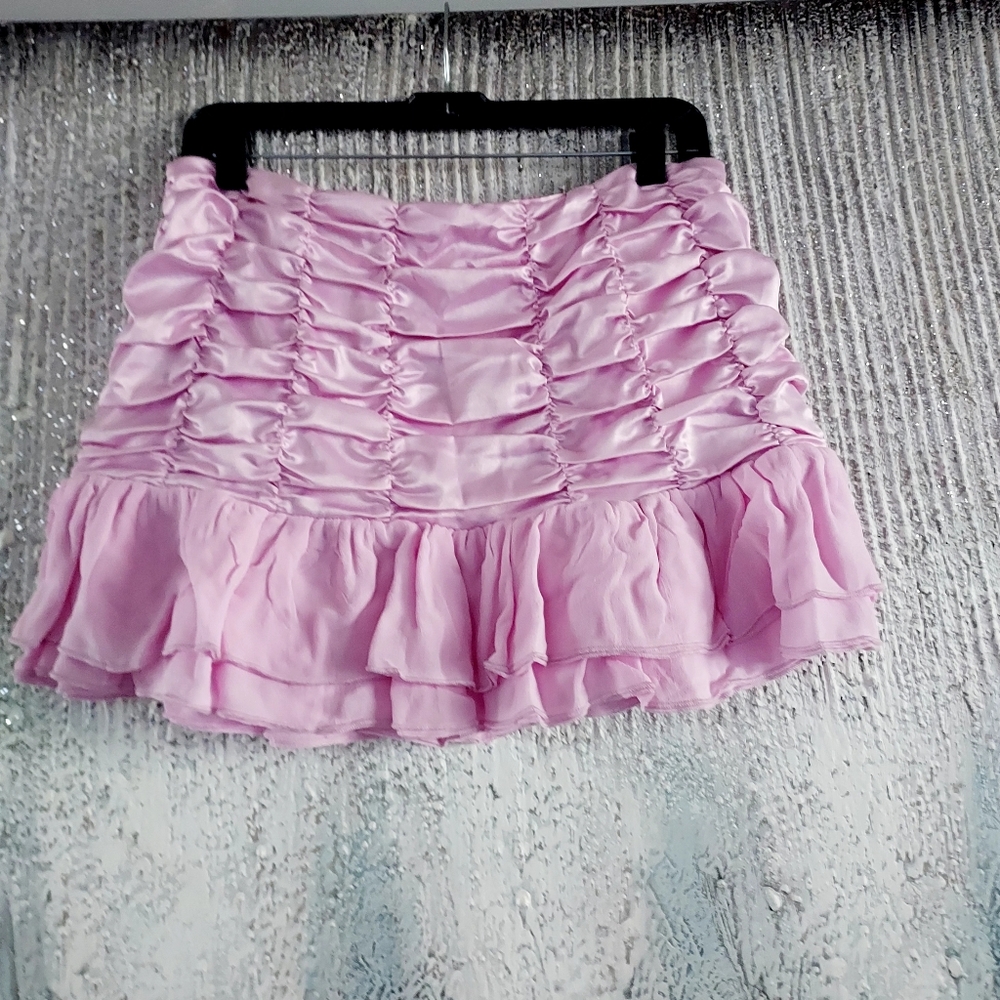 Maeve Pink/rose Chiffon Smocked Ruffle Satin Mini Skirt Sz-M